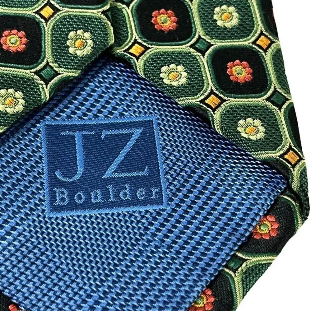 JZ Boulder Jim Herron Mens Green Floral All Silk Hand Made Necktie Neck Tie 3.5